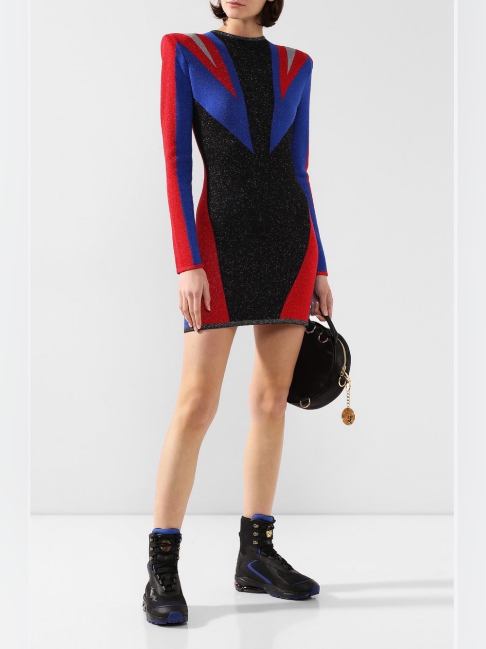 Balmain x Puma Lightning Bolt High Shoulders Long Sleeve Mini Dress in Red XS